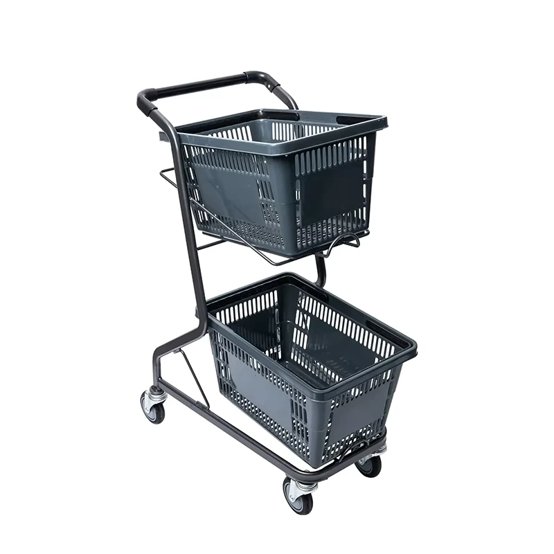 80L Durable Anti-rust Zinc Plated Plastic Personal 2-tier Double Basket Shopping Cart Trolley for Supermarket