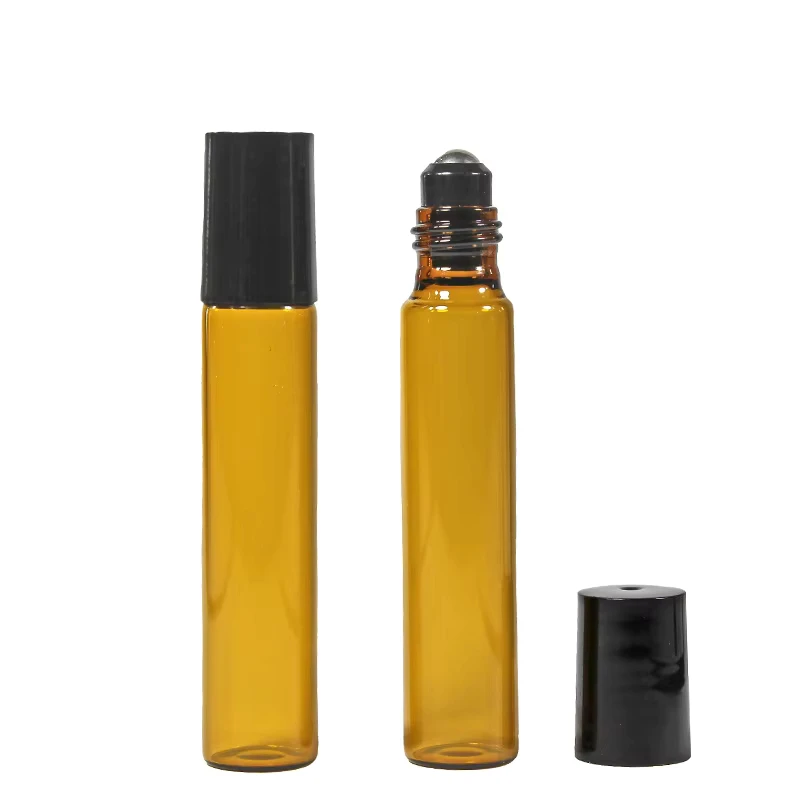 8ml Amber Essential Oil Rollon Glass Vial Pocket Perfume Bottle With Stainless Steel Roller Ball and Plastic Cap