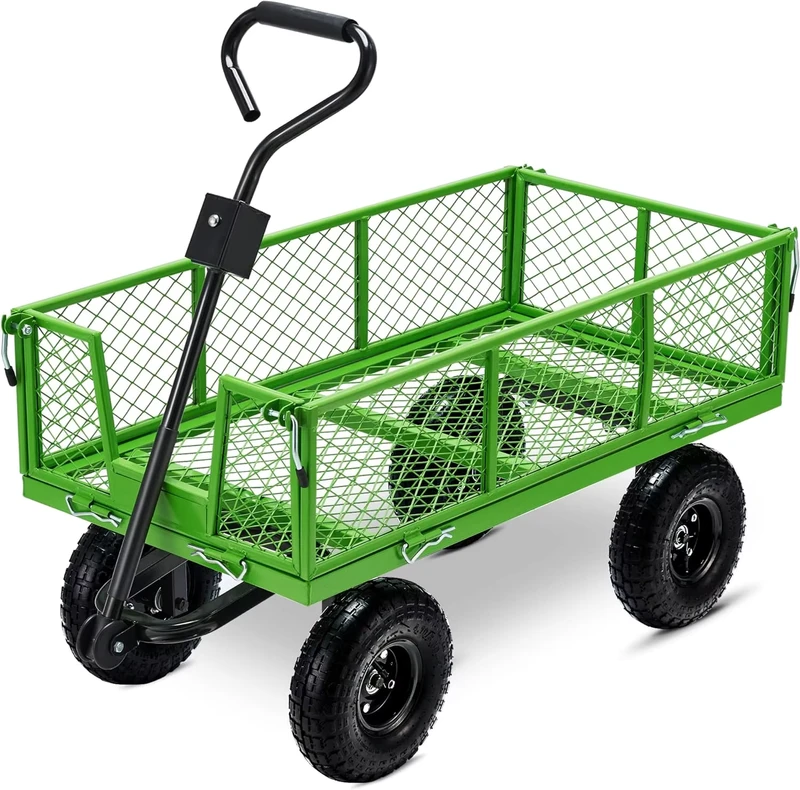900 Lbs Capacity Four Wheel Heavy Duty Mesh Steel Garden Cart Folding Utility Wagon with Removable Sides OEM Tools