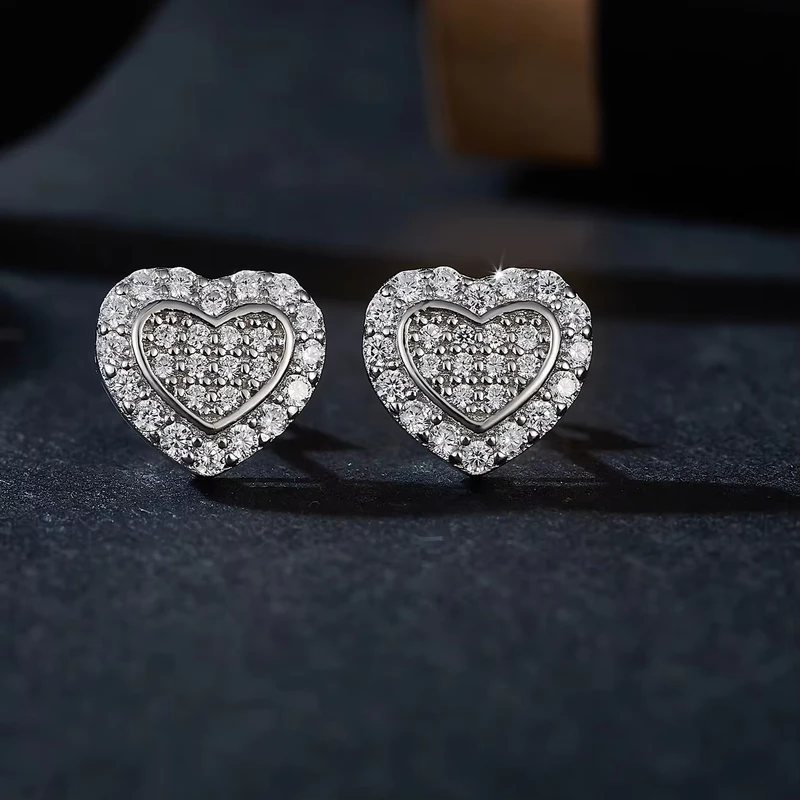 925 Sterling Silver Heart Shape Moissanite Diamond Stud Earrings Men’s Women’s Classical Hip Hop Jewelry Iced Style
