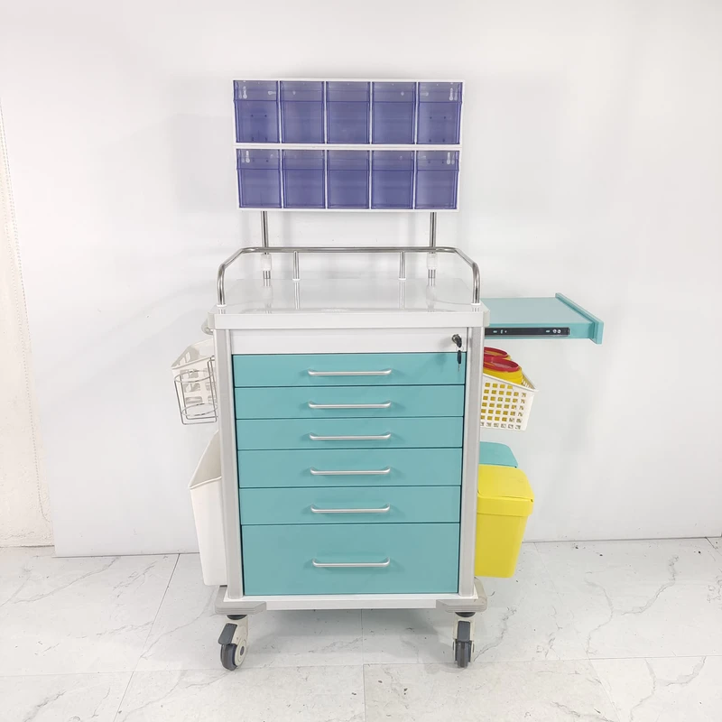 ABS Emergency Crash Cart Medical Trolley With Five Drawers Utility Shelf and IV Pole for Hospital