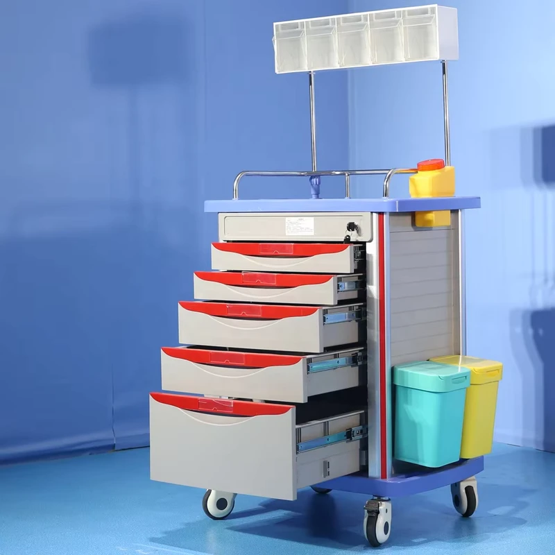 ABS Medical Emergency Trolley Hospital Crash Cart with Drawers and IV Pole