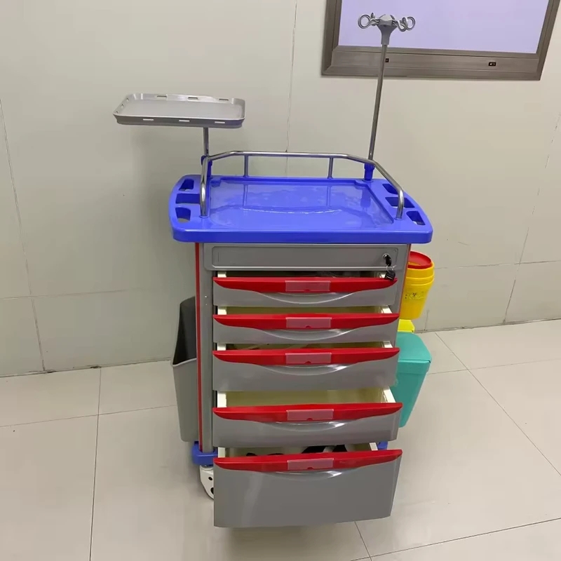 ABS Plastic Medical Emergency Cart Multi Function 4 Castors Multiple Drawers Lockable for Hospital Rescue & Patient Care