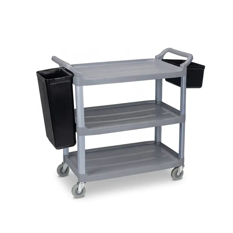 AF08162A 3-Shelf Utility Cart with Buckets Commercial Plastic Service Trolley for Hotel Restaurant Kitchen & Laboratory