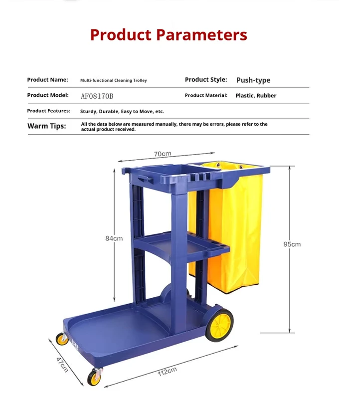 AF08170B Multi purpose Plastic Simple Design Cleaning Hotel Janitor Cart 4 Swivel Wheels 150 lb Capacity Gray Blue