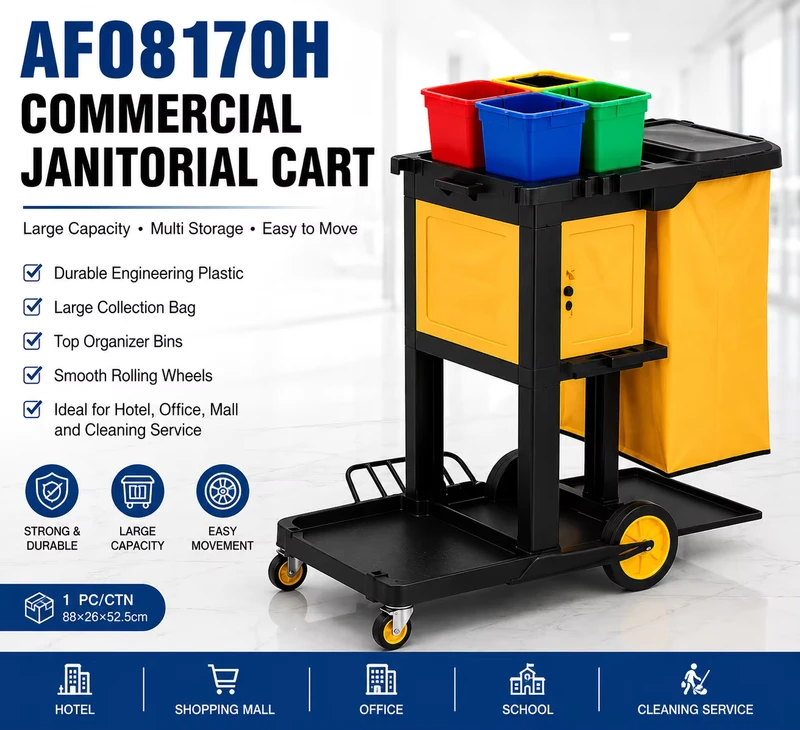 AF08170H Commercial Janitorial Cart Housekeeping Trolley with Large Bag Organizer Bins and Wheels for Hotel Cleaning