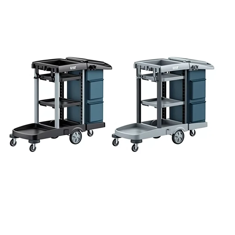 AF08198 Commercial Housekeeping Cart Storage Bins Single Shelf Trays Janitorial Cleaning Trolley 5 Wheel PP Material 400 lb