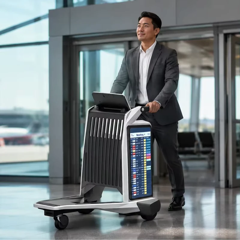 AI Enabled Intelligent Airport Baggage Cart with Triple Screen Display Indoor Use OEM Available Cloud Based CMS