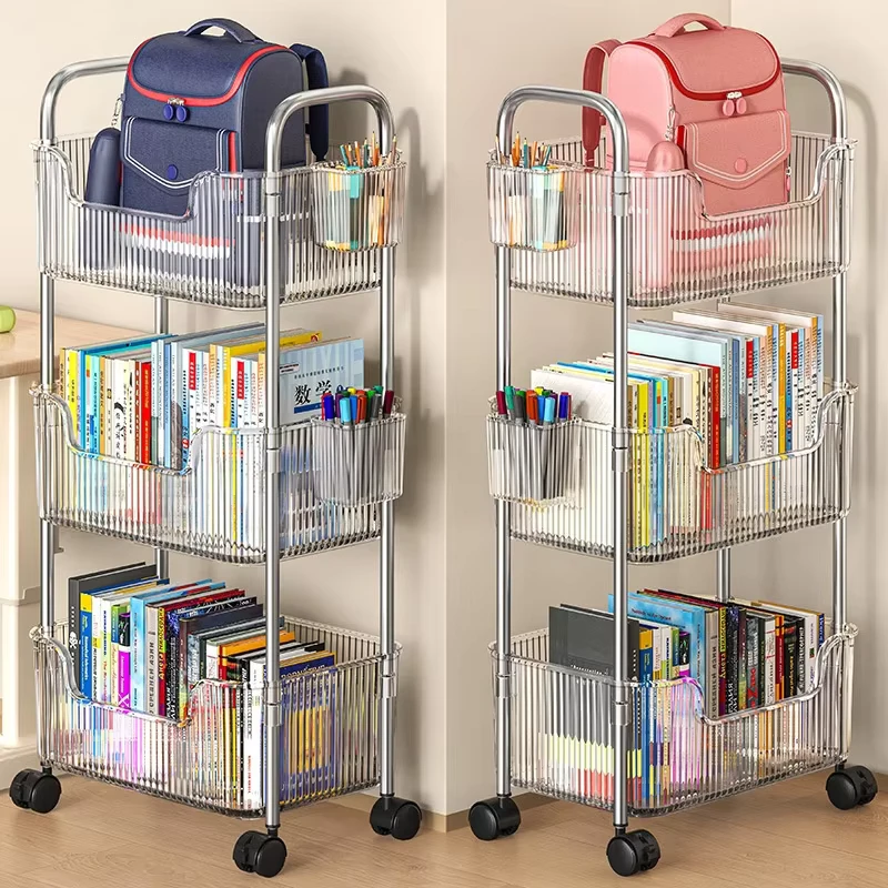 Acrylic PP Plastic Schoolbag Storage Rack Floor Mounted Movable 4 Tier with Pulley Mobile Trolley for Books Miscellaneous Items