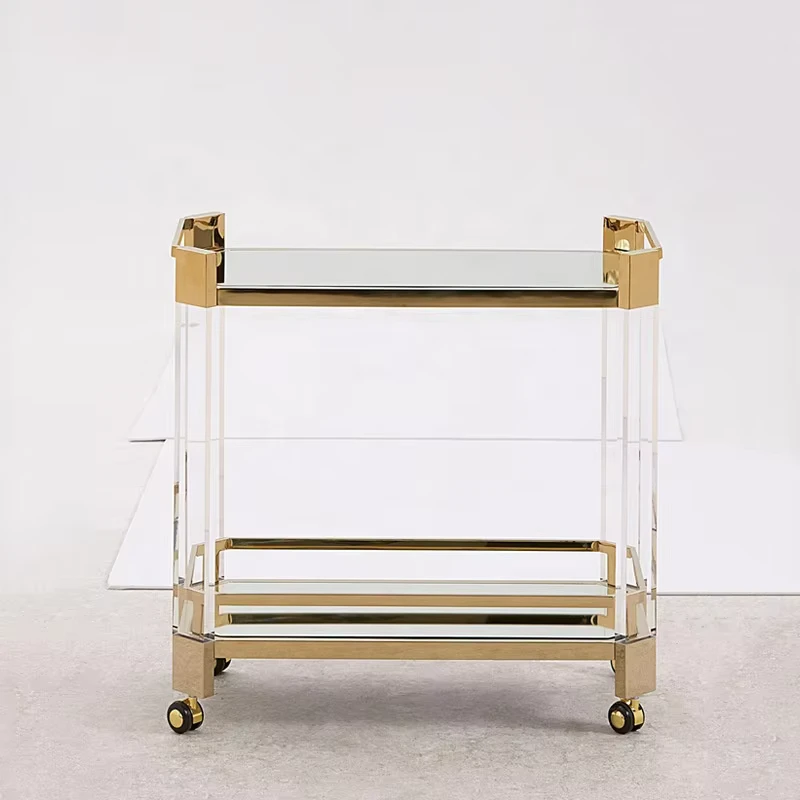 Acrylic Rolling Food Cart Hand Bar Serving Drinks Carts Transparent Tea Double Layer Two Tier Trolley Lucite Bar Cart