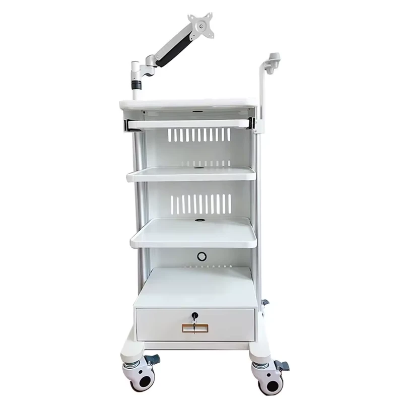 Adjustable Height ABS Plastic Medical Trolley 4 Layer Storage Hospital Mobile Workstation Cart with Monitor Mount for Endoscope