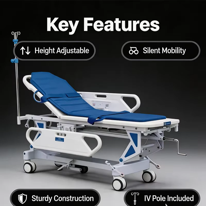 Adjustable Hospital Emergency Patient Transfer Stretcher Ambulance Transport Gurney Trolley with Central Control Locking Casters