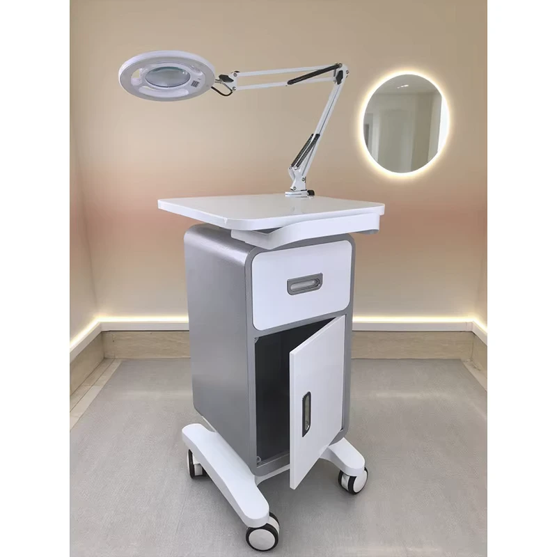 Adjustable Magnifying Light Foldable 4-Wheel Modern Metal Beauty Salon Trolley with Drawers for Eyelash Tattoo Care Storage