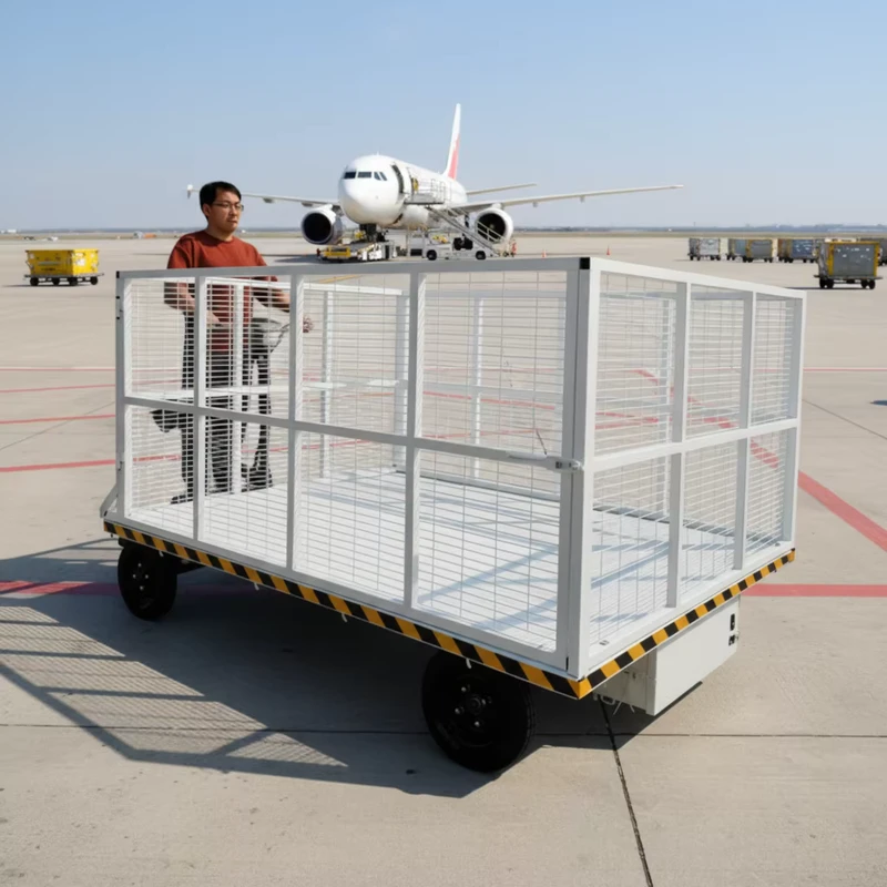 Airport Baggage Collection and Transfer System with 100cm High Fencing and 250*150cm Flat Battery powered Platform Trolley Carts
