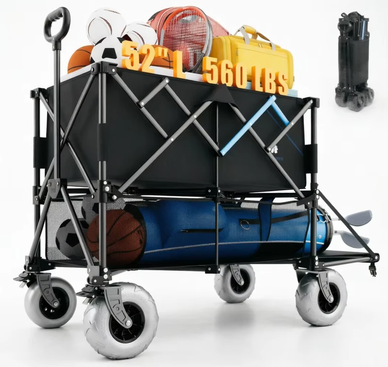 All Terrain Big PU Wheels Large Double Decker Wagon Foldable Beach Cart with Brakes for Sports Camping Outdoor