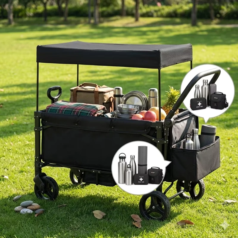 All-Terrain Folding Camping Wagon with Canopy Heavy Duty 100kg Capacity Collapsible Outdoor Utility Beach Cart
