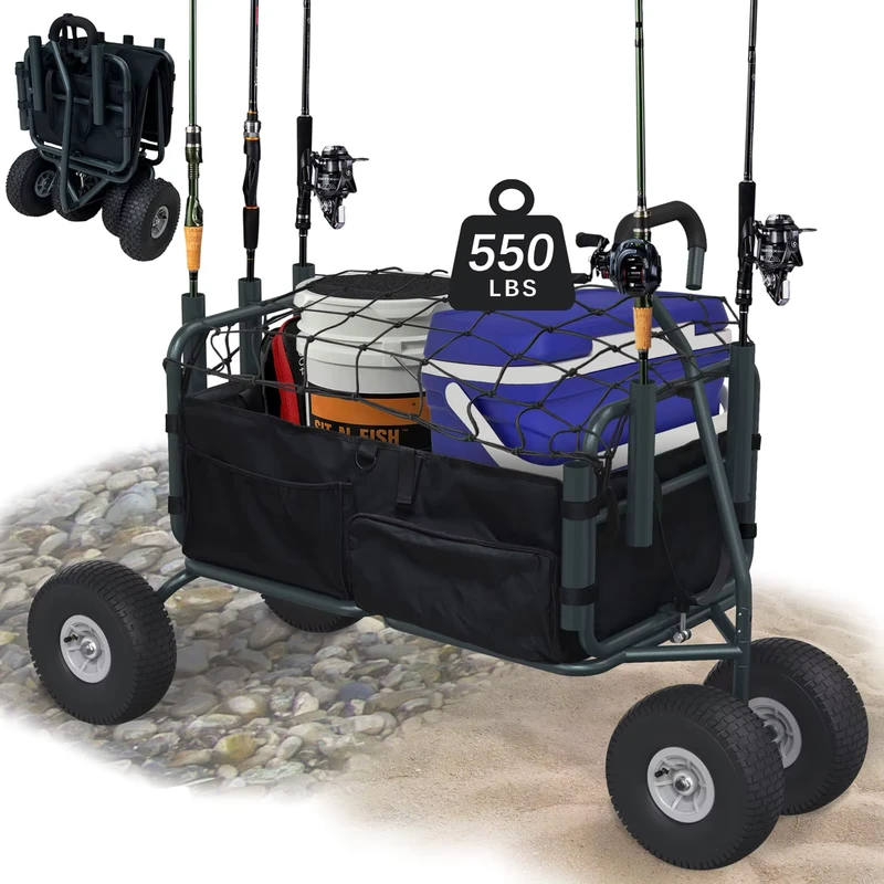All Terrain Non Slip Wheels 550lbs Load Foldable Fishing Cart Wagons with 5 Fishing Rod Holders for Beach