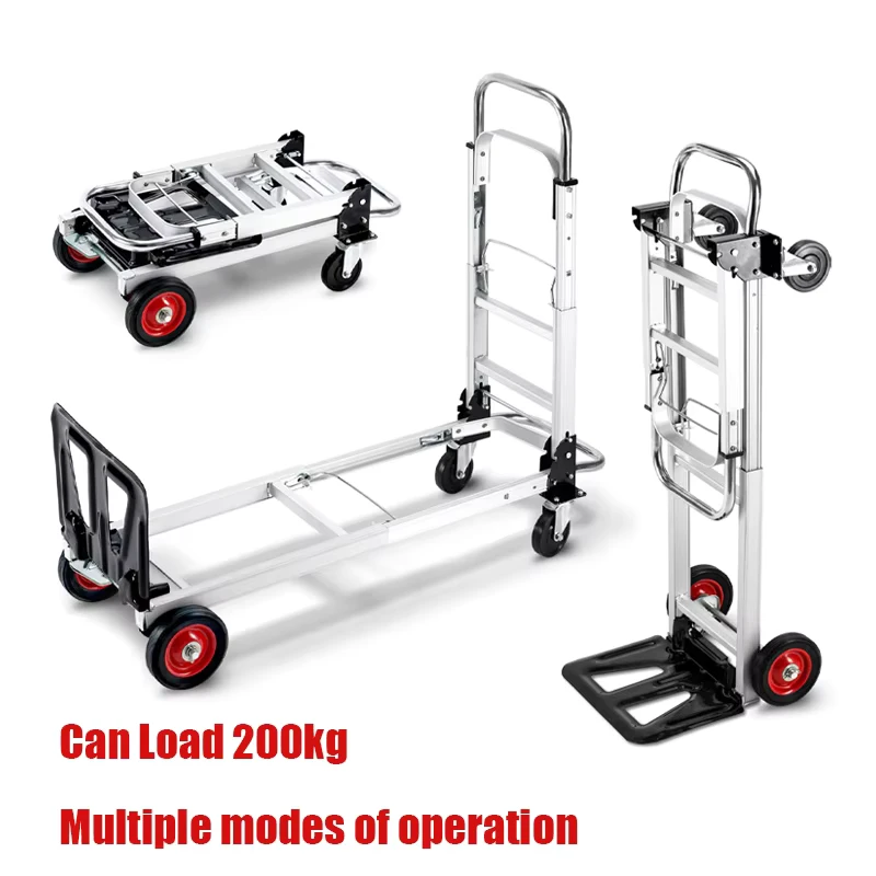Aluminium Alloy Four Pneumatic Wheels Hand Pulled 200kg Load Capacity Cart Flatbed Cargo Trolley Folding for Luggage Trailer