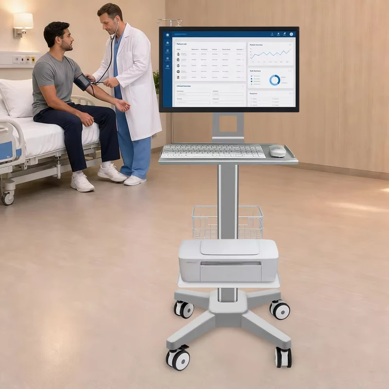 Aluminum Alloy Mobile All-in-One Medical Workstation Cart with Storage Basket and Keyboard Tray