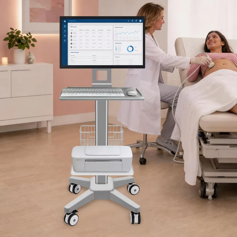 Aluminum Alloy Mobile Medical Monitor Workstation Cart Hospital Computer Cart with Keyboard Tray Storage Basket Printer Shelf