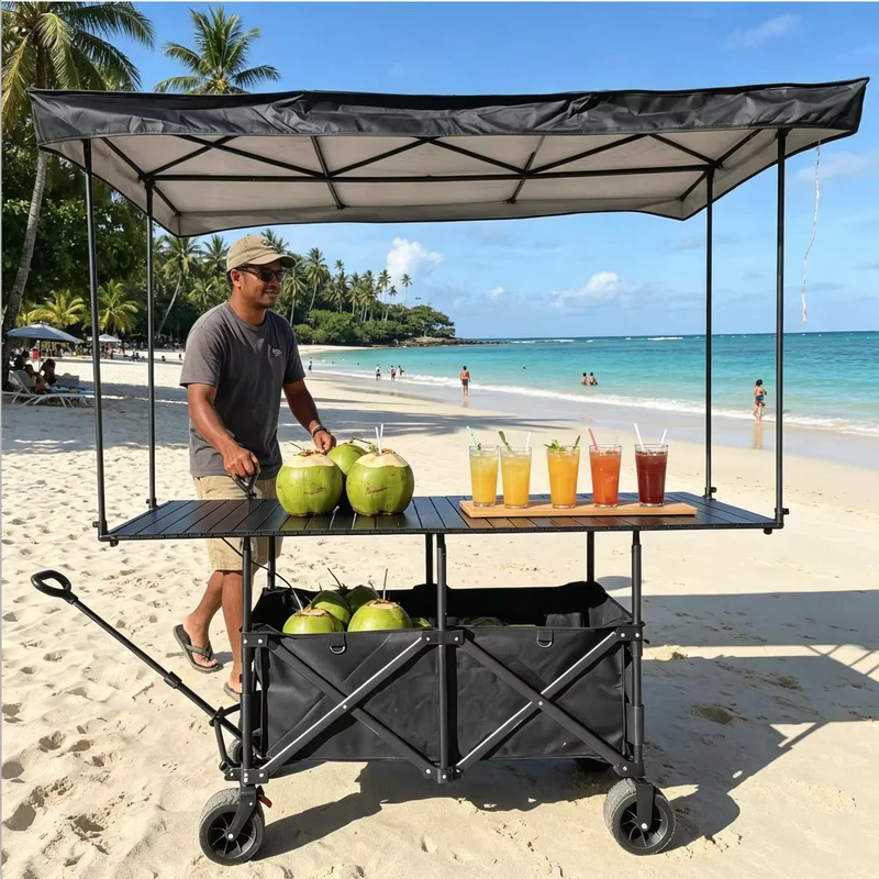 Aluminum Beach Trolley Foldable Cart Large Tabletop Movable Sunshade Canopy Setting Stalls Outdoor Camping Food