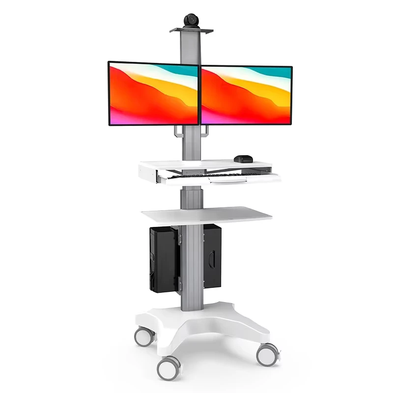 Aluminum Medical Workstation Cart With Double Monitor Mounts Mobile Hospital Trolley Cart for Clinic