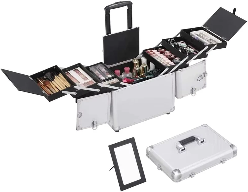 Aluminum Rolling Makeup Case Salon Cosmetic Box Organizer Trolley Train Case Wheeled Artist Travel