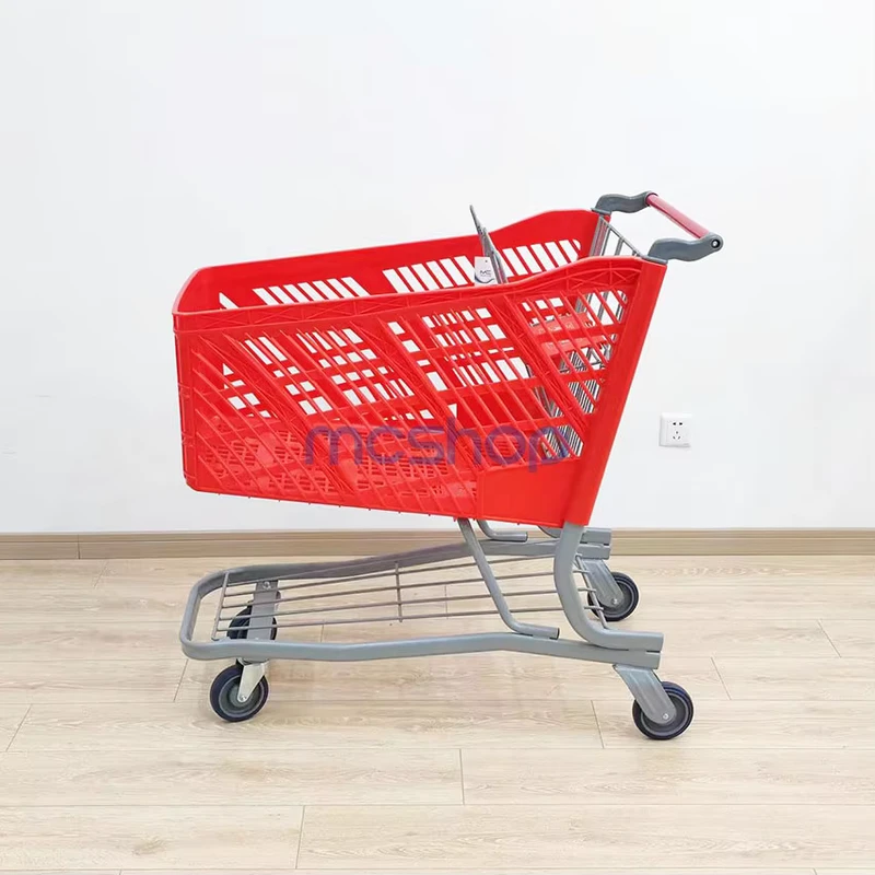 American Supermarket 180L Plastic Shopping Trolley with Steel Base Mesh Structure Shopping Cart