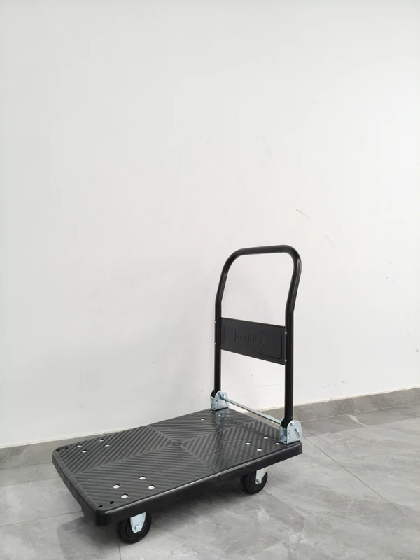 Anti-Skid Black 4 Casters Plastic Hand Cart Custom Color Available Foldable Pull Bar Industrial Storage Moving Trolley