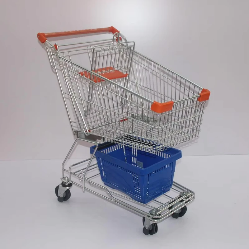 Asian Style Supermarket Metal Wire Shopping Trolley with Plastic Cover