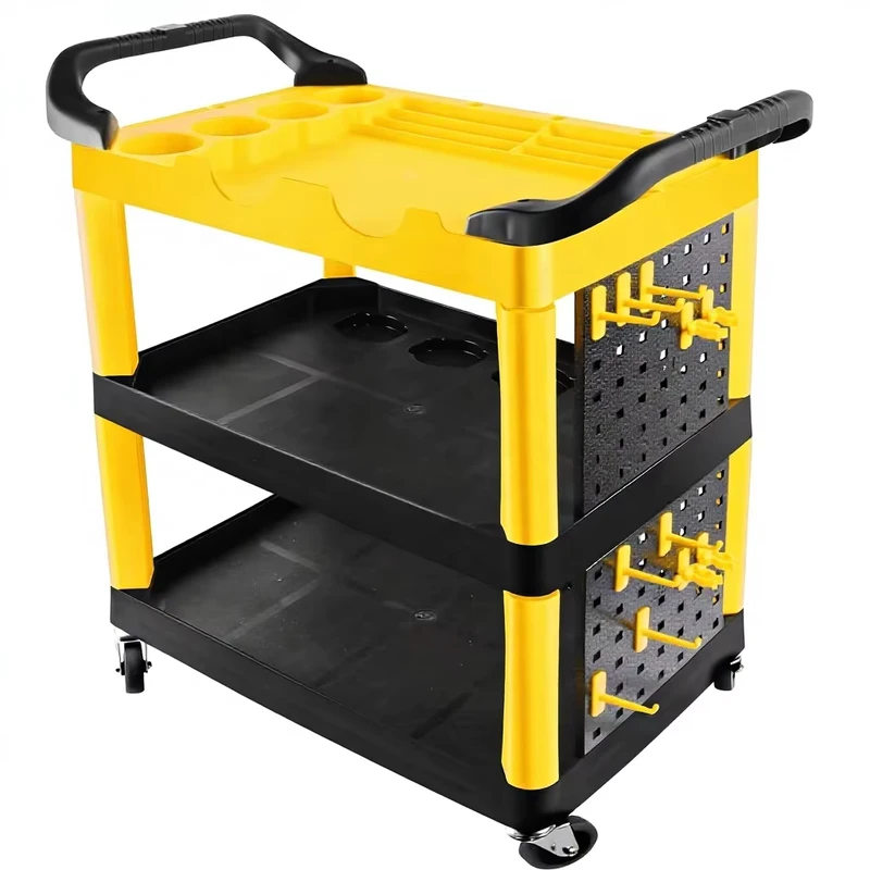Auto Detailing Cart Wheels 3 Tier Yellow Black Car Detailing Hanging Boards Hooks Car Wash Organizer Garage Workshop DIY Home