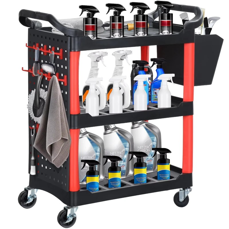 Auto Detailing Cart with Wheels 3 Tier Rolling Detail Cart with Long Hooks Hanging Bucket Car Wash Organizer Cart