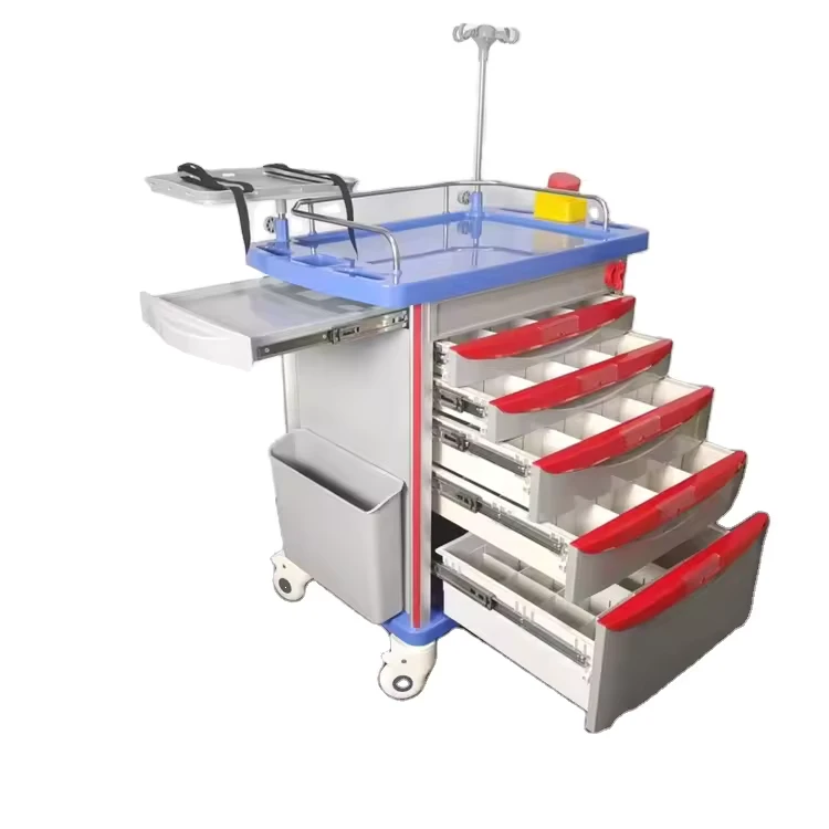 BT EY001 Class I Hospital Furniture 5 Drawers Lock Emergency Trolley Medical Crash Cart 850*520*950mm 4 Castors Cross