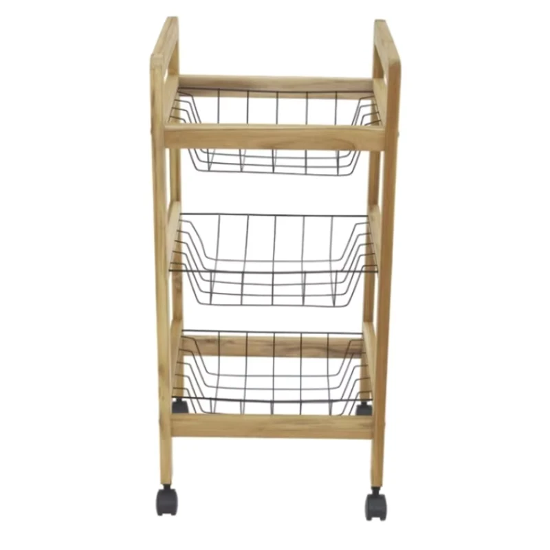 Bamboo Kitchen Serving Trolley Cart 3 Tier Kitchen Trolley Steel Storage Basket with Wheel