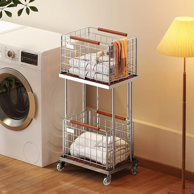 Bathroom Double layer Partition Large capacity Mobile Laundry Basket with Trolley for Clothes Storage