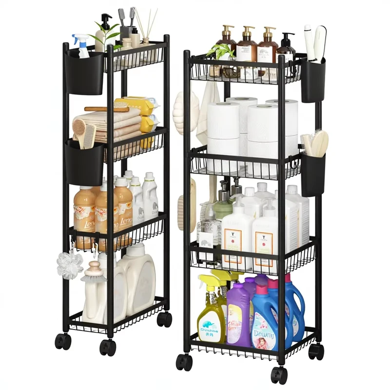 Bathroom Toilet Crevice Metal 3 4 Tier Movable Floor Standing Storage Cart No Installation Required Cross Border Exclusive