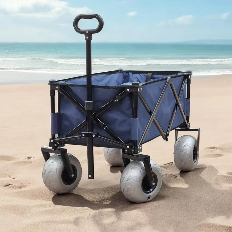 Beach and Camping Folding Wagon Cart with Balloon Wheels Stainless Steel Collapsible Trolley for Outdoor Activities