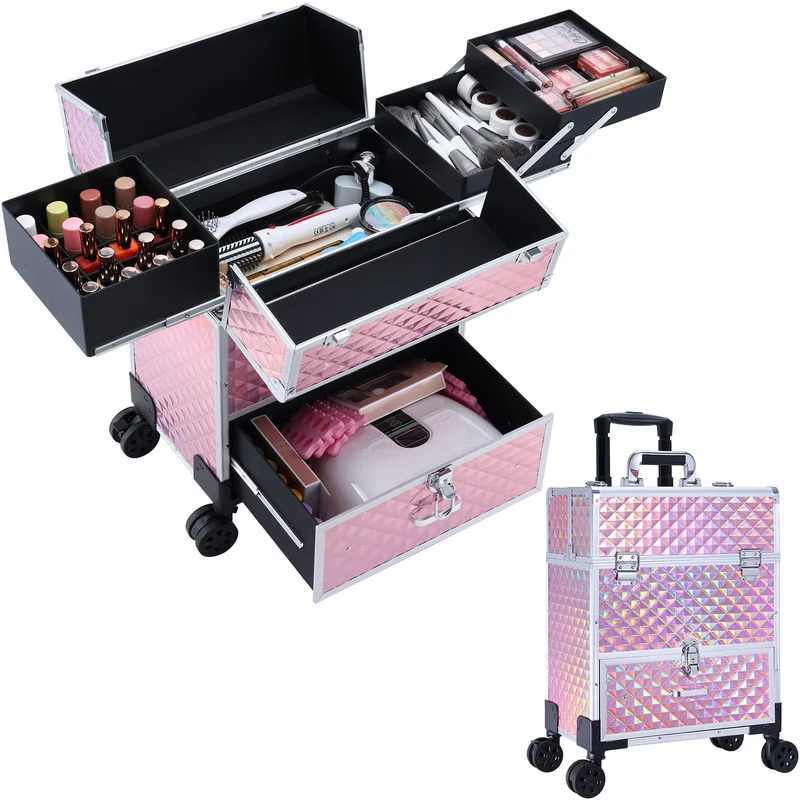 Beauty Case Trolley Brand New Pink Rolling Makeup Travel Cosmetic Case for Eyelash Extension Trolley Cart