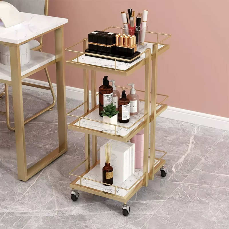 Beauty New Design Makeup Salon Cart 3 Tier Pedicure Spa Nail Shop Trolley Hair Salon Gold Lockable Wheels 360 degree Rotation