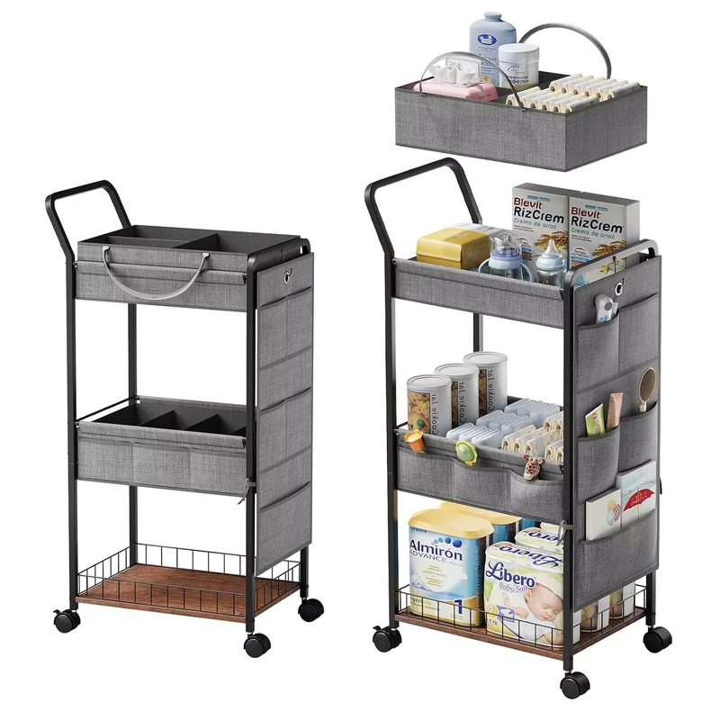 Bedroom Nursery Baby Essentials Multi Function Rolling Diaper Cart Metal Construction Hospital School Use Drawer Side Pockets