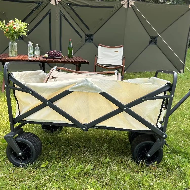 Beige Modern Stainless Steel Foldable Camping Trolley Transforms Into Outdoor Table Instantly Portable Large Capacity Camp Cart