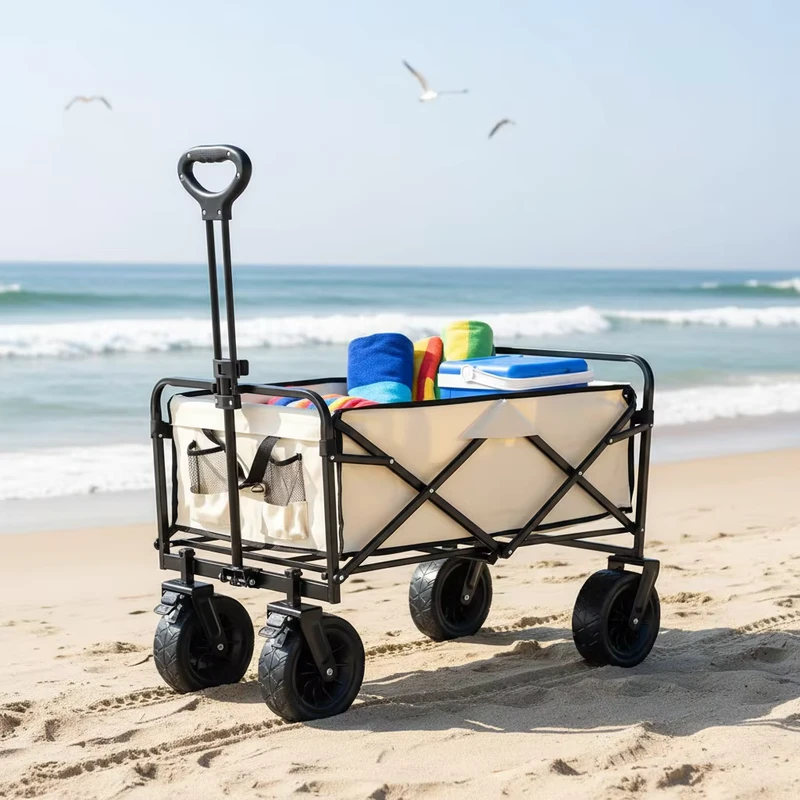 Big Wheel Camping Wagon Heavy Duty 150kg Capacity All Terrain Beach Cart Folding Outdoor Utility Trolley with Brake