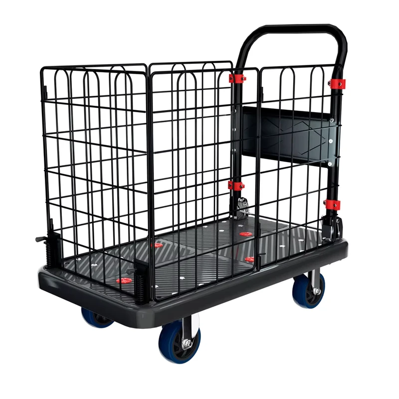 Black 150kg 250kg Heavy Duty Industrial Wire Mesh Plastic Platform Fence Four-Wheel OEM Storage Trolley Cart