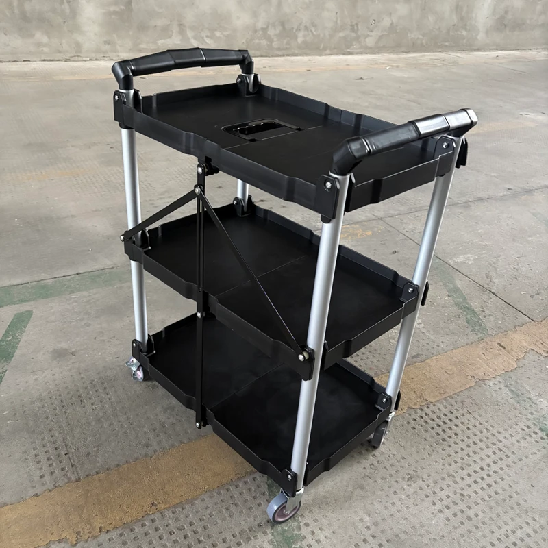 Black 3 Shelf Utility Folding Plastic Service Cart Convenient Portable Design 225 Lbs Maximum for Hotels Home