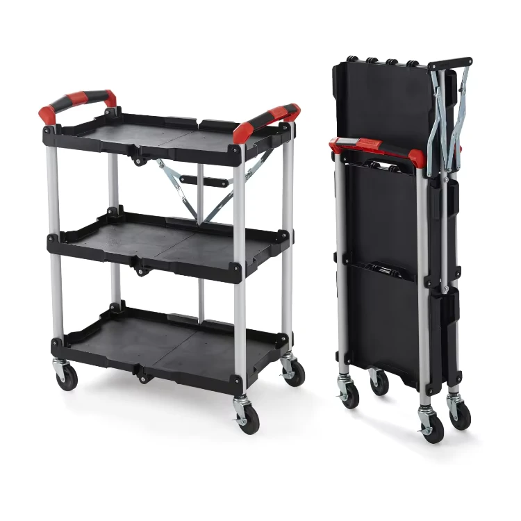 Black Commercial 3 Tier Foldable Plastic Service Trolley with Wheels for Restaurant