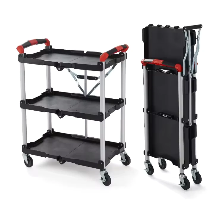 Black Commercial 3 Tiers Foldable Plastic Service Trolley Folding Utility Cart with Wheels for Restaurant