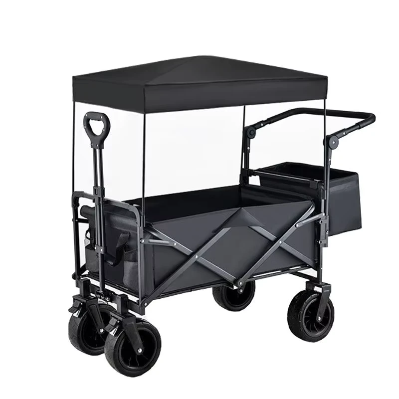 Black Folding Hand Pulled Cart with Canopy Four Wheel Pet Stroller Outdoor Camping Trailer for Transporting Children