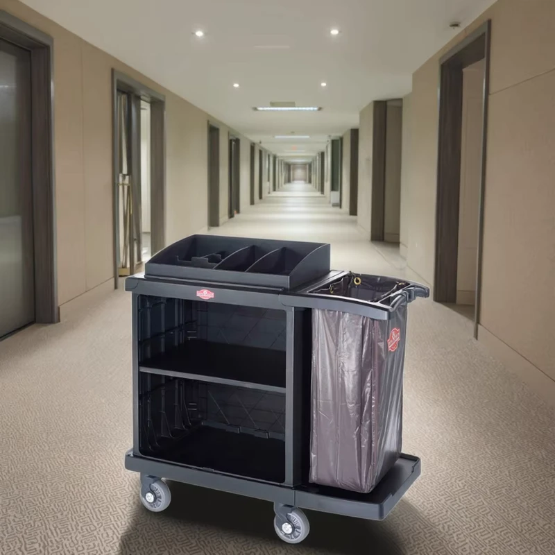 Black Folding Hotel Laundry Cart Trolley Plastic Room Attendant with Wheels for Housekeeping and Cleaning Without Door