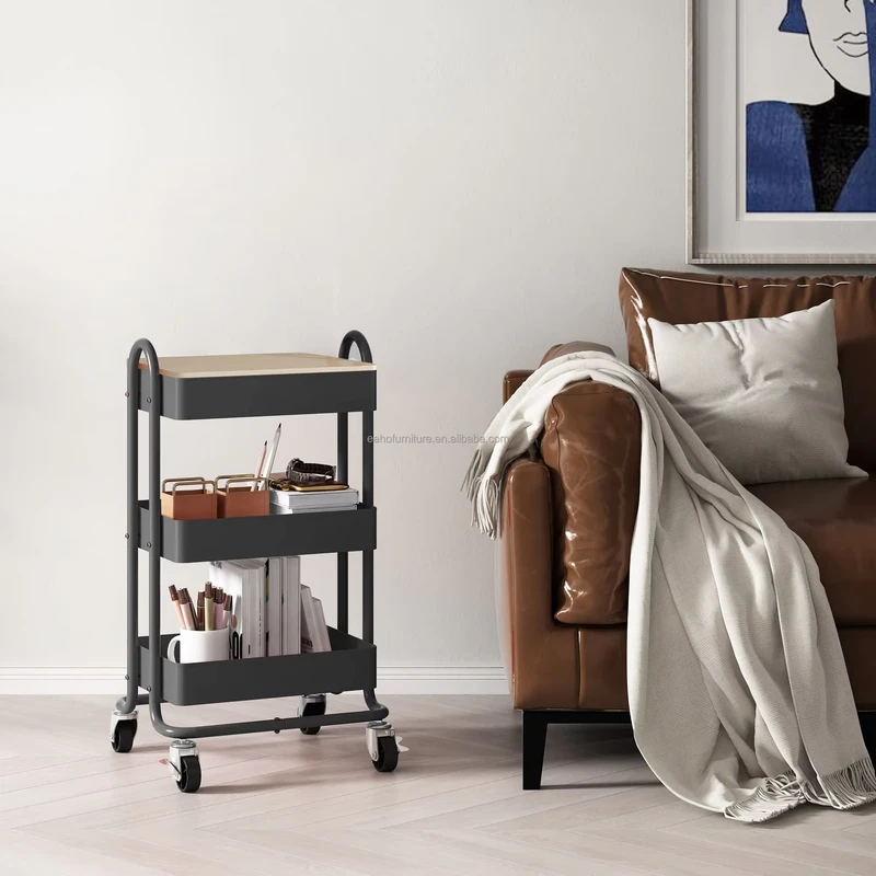 Black Industrial Style Utility Cart 3 Layer Rolling Trolley with Brake Casters for Salon & Beauty