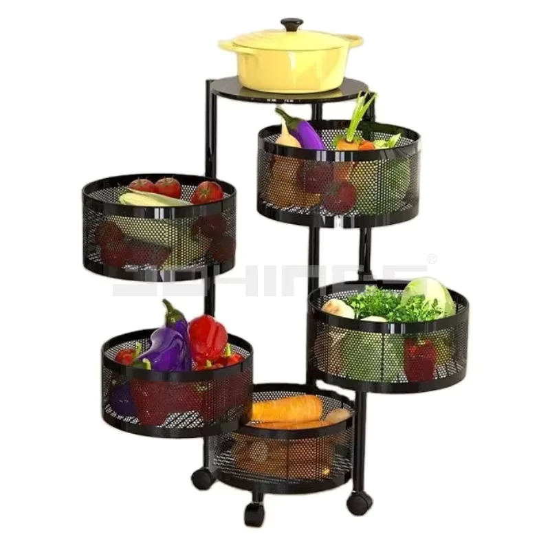 Black Kitchen Storage Rack Trolley Metal Rotating Basket Rack with Excellent Storage Solution